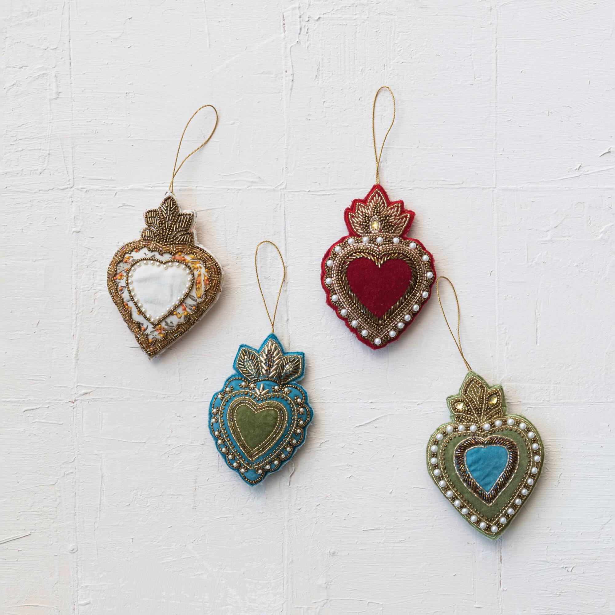 Hello Honey® 4 Pack 5.5" Multicolor Handmade Beaded Velvet Sacred Heart Fabric Ornaments